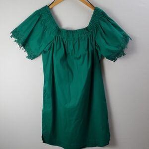 Heyton Emerald Green Embroided Lace Trim Of Shoulder MIDI Dress Sz L Cottagecore